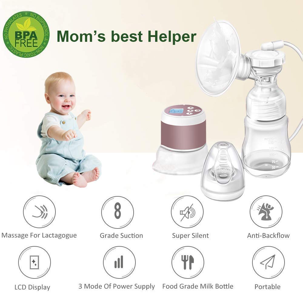 Portable Electric Breast Pump, YIHUNION Dual Use Single Baby Milk Pump Rechargeable Breastfeeding Pump with Adjustable Massage Suction Level and 10pcs Free Storage Bags