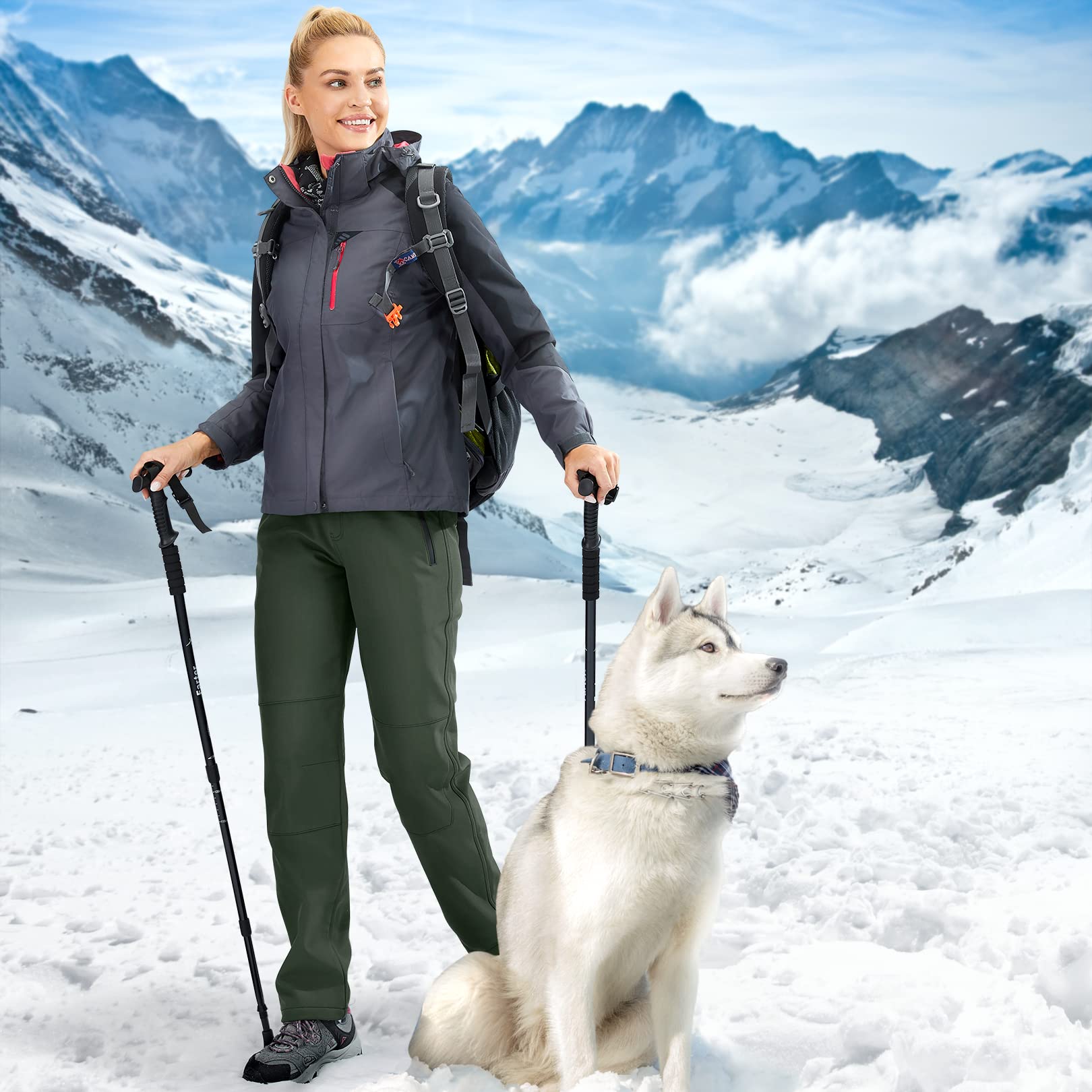 Women's Snow pants Hiking ski Waterproof Fleece Lined Outdoor Cargo Pants Softshell Winter Warm Pants with Zipper Pockets,209,Army,10