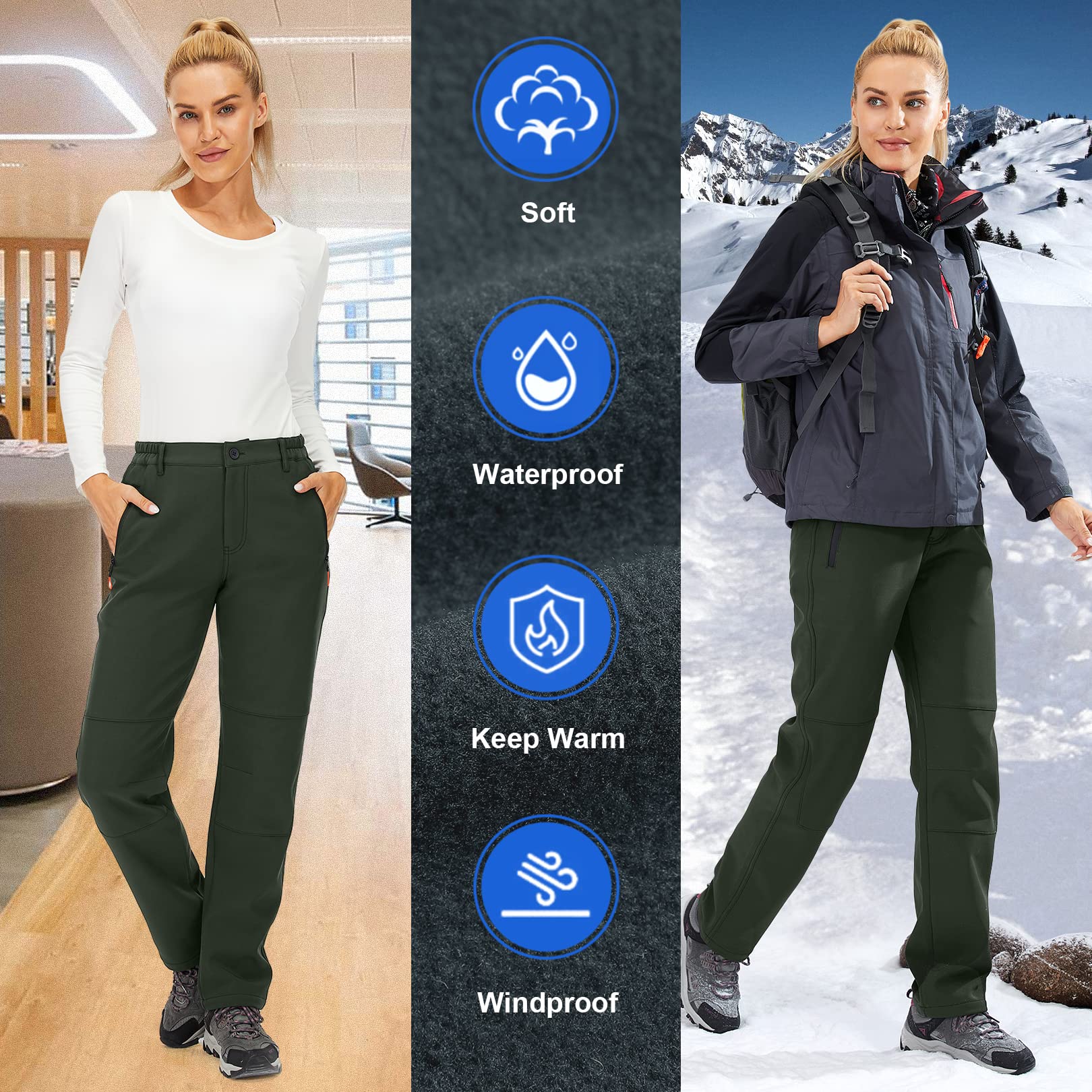 Women's Snow pants Hiking ski Waterproof Fleece Lined Outdoor Cargo Pants Softshell Winter Warm Pants with Zipper Pockets,209,Army,10