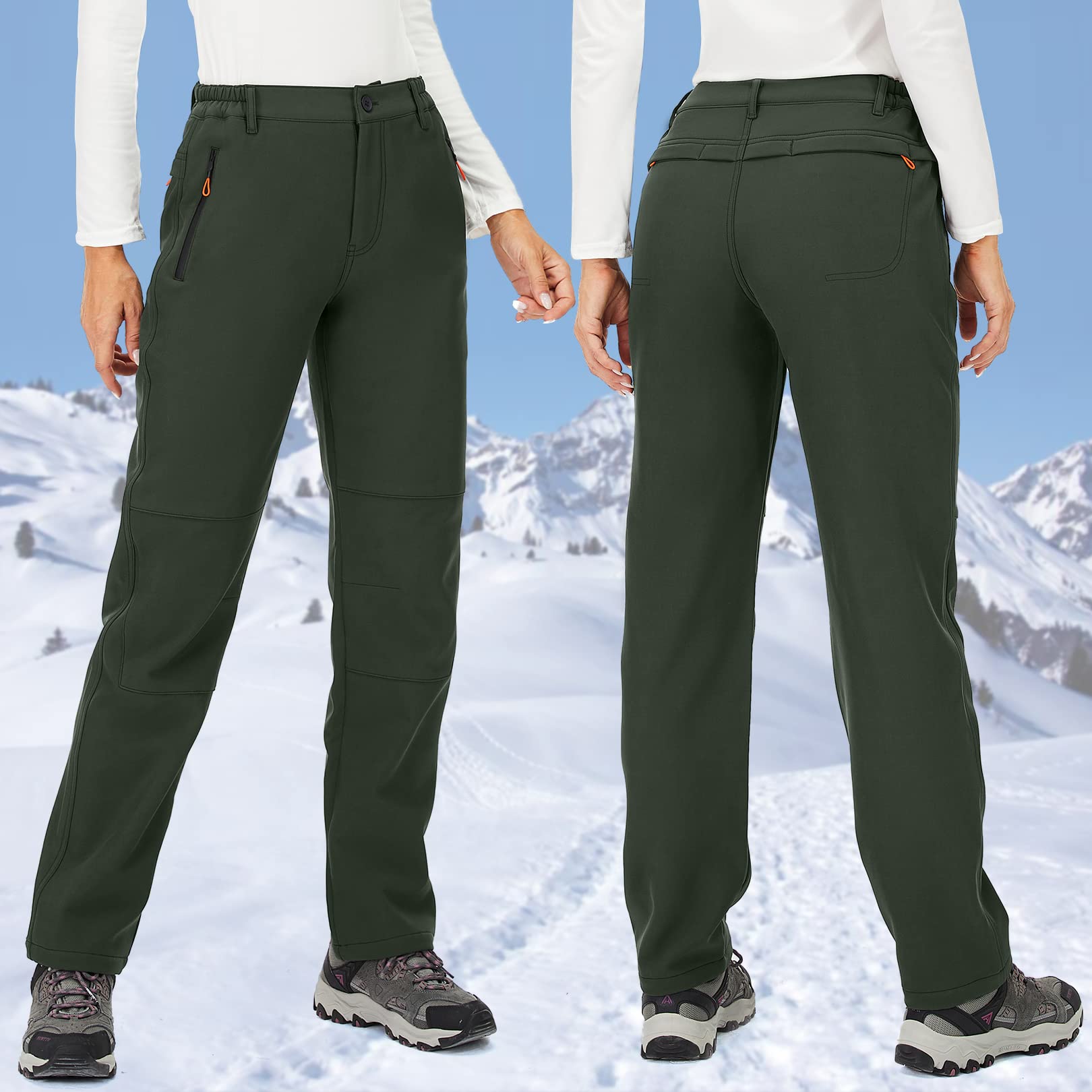 Women's Snow pants Hiking ski Waterproof Fleece Lined Outdoor Cargo Pants Softshell Winter Warm Pants with Zipper Pockets,209,Army,10