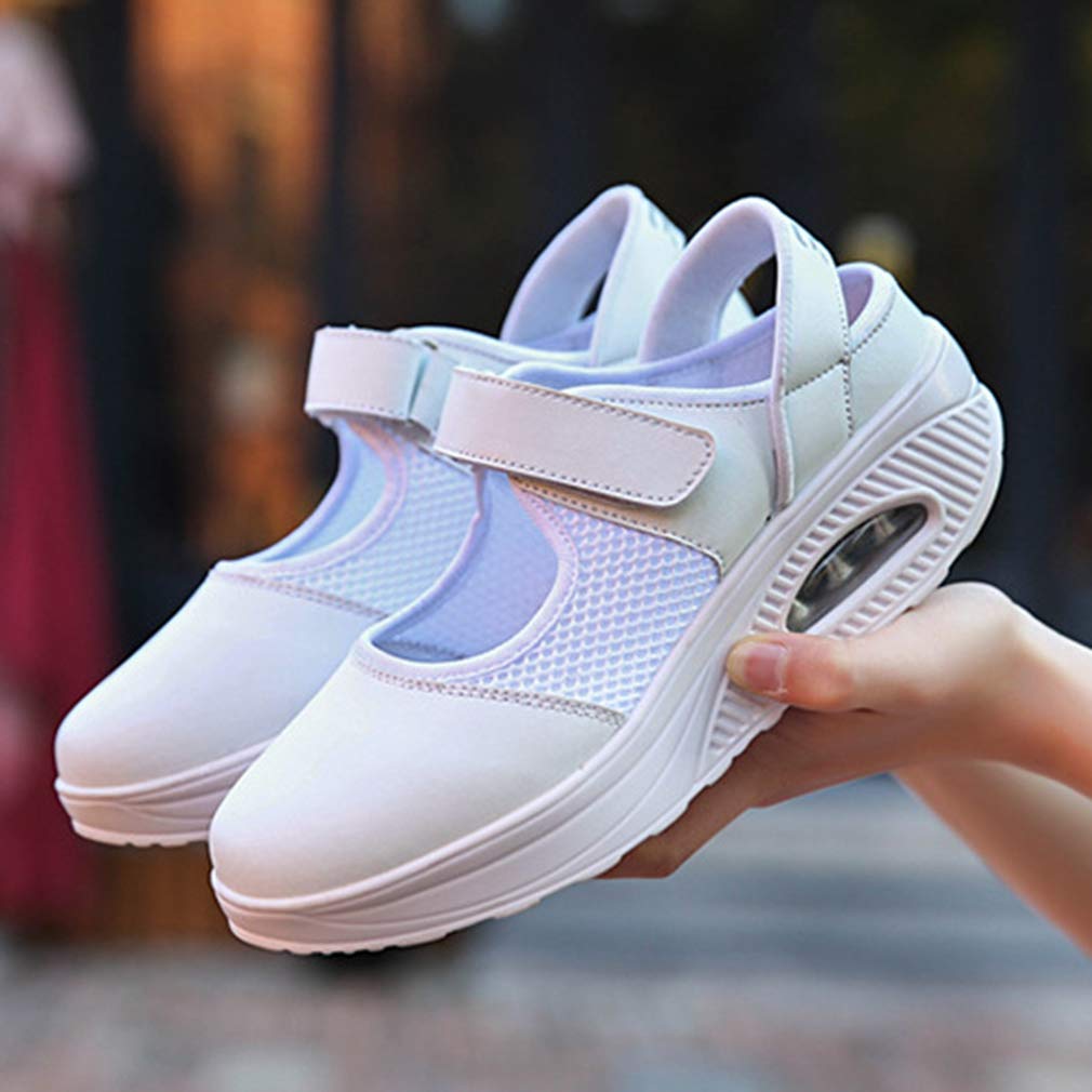 CYBLING Women's Mesh Walking Shoes Breathable Shake Shoes Platform Nurse Shoes Mary Jane Sneakers White