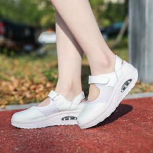 CYBLING Women's Mesh Walking Shoes Breathable Shake Shoes Platform Nurse Shoes Mary Jane Sneakers White