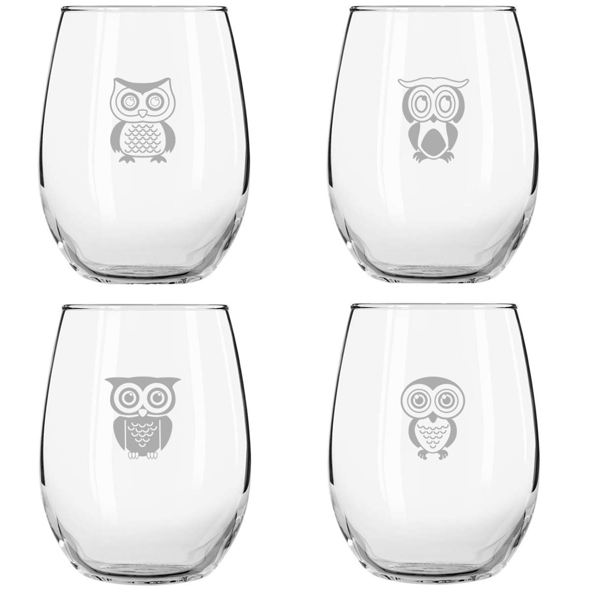 Cute Owl Wine Glass Set of 4 | Stemless Wine Glasses with 4 Unique Loveable Owls | 15 oz. Owl Decor Glasses | Makes Fun Owl for Women | Great Owl Kitchen Decor or New Home Gift Ideas | USA Made