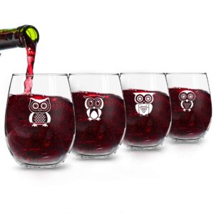 Cute Owl Wine Glass Set of 4 | Stemless Wine Glasses with 4 Unique Loveable Owls | 15 oz. Owl Decor Glasses | Makes Fun Owl for Women | Great Owl Kitchen Decor or New Home Gift Ideas | USA Made