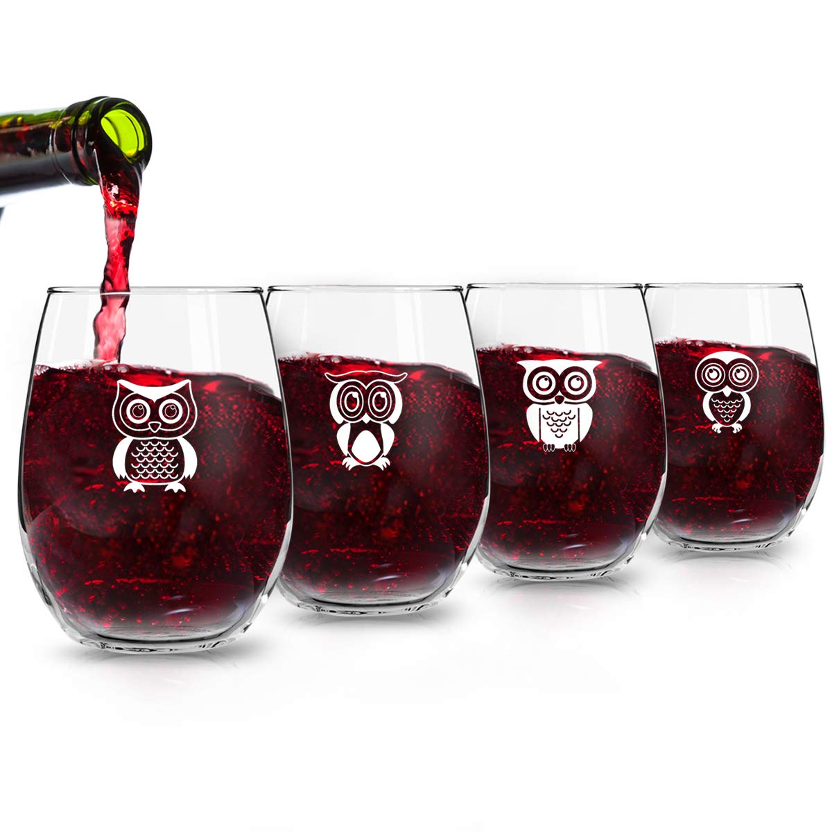 Cute Owl Wine Glass Set of 4 | Stemless Wine Glasses with 4 Unique Loveable Owls | 15 oz. Owl Decor Glasses | Makes Fun Owl for Women | Great Owl Kitchen Decor or New Home Gift Ideas | USA Made