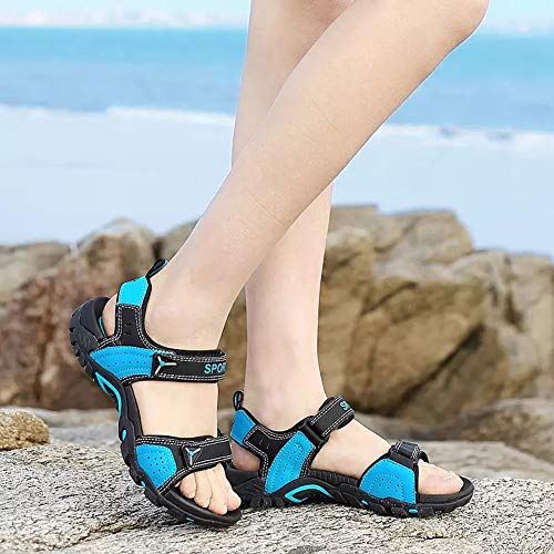 Asifn Men Women Leather Sandals Open Toe Adjustable Outdoor Hiking Walking Breathable Comfortable Summer Beach Blue(7.5 US Men