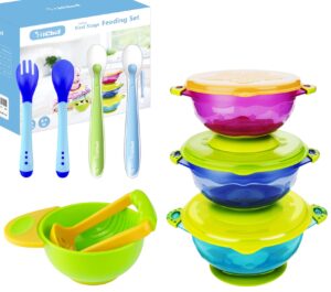 michef baby bowls, baby feeding bowls set with 2 hot safe baby fork and spoon, 2 soft-tip silicone baby spoons, mash and serve bowl - baby shower, set of 3 suction baby bowls for toddler with lids