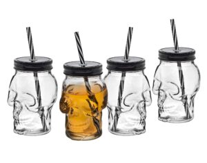 skull mason jar mug glass tumbler glass cups with cover and straw, halloween decor, drinking glasses - 16oz, set of 4