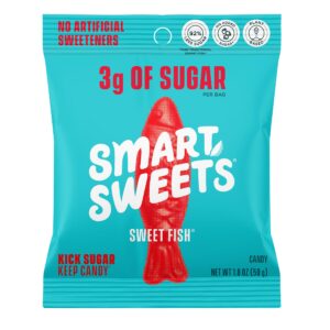 smartsweets sweet fish, low sugar gummy candy (3g), low calorie (130), gluten-free -1.8oz (pack of 12) packaging may vary