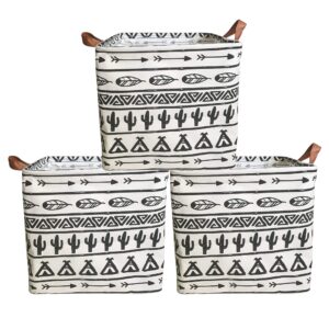 3 pieces 13 inch square storage bin, fabric folding storage baskets with handles, arrow tribe pattern storage organizer for kid's toy & baby clothing - laundry basket/nursery hamper (3black cactus)