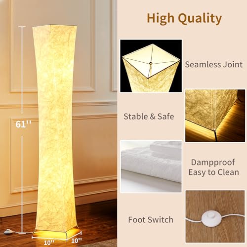 chiphy Floor Lamp, Dimmable 61" Tall Standing Lamp, 3 Levels Adjustable Brightness 12Wx2 LED Bulbs, Column Floor Light w/White Fabric Shade, Home Decor for Living Room, Bedroom, Kids Room