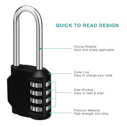 ZHEGE Long Shackle Padlock, 4 Digit Combination Lock, Resettable Weatherproof Combo Lock for School, Gym Employee Locker, Outdoor, Fence (Black)