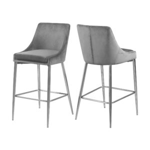 Meridian Furniture Karina Collection Modern | Contemporary Velvet Upholstered Counter Stool with Polished Chrome Metal Legs and Foot Rest, Set of 2, Grey