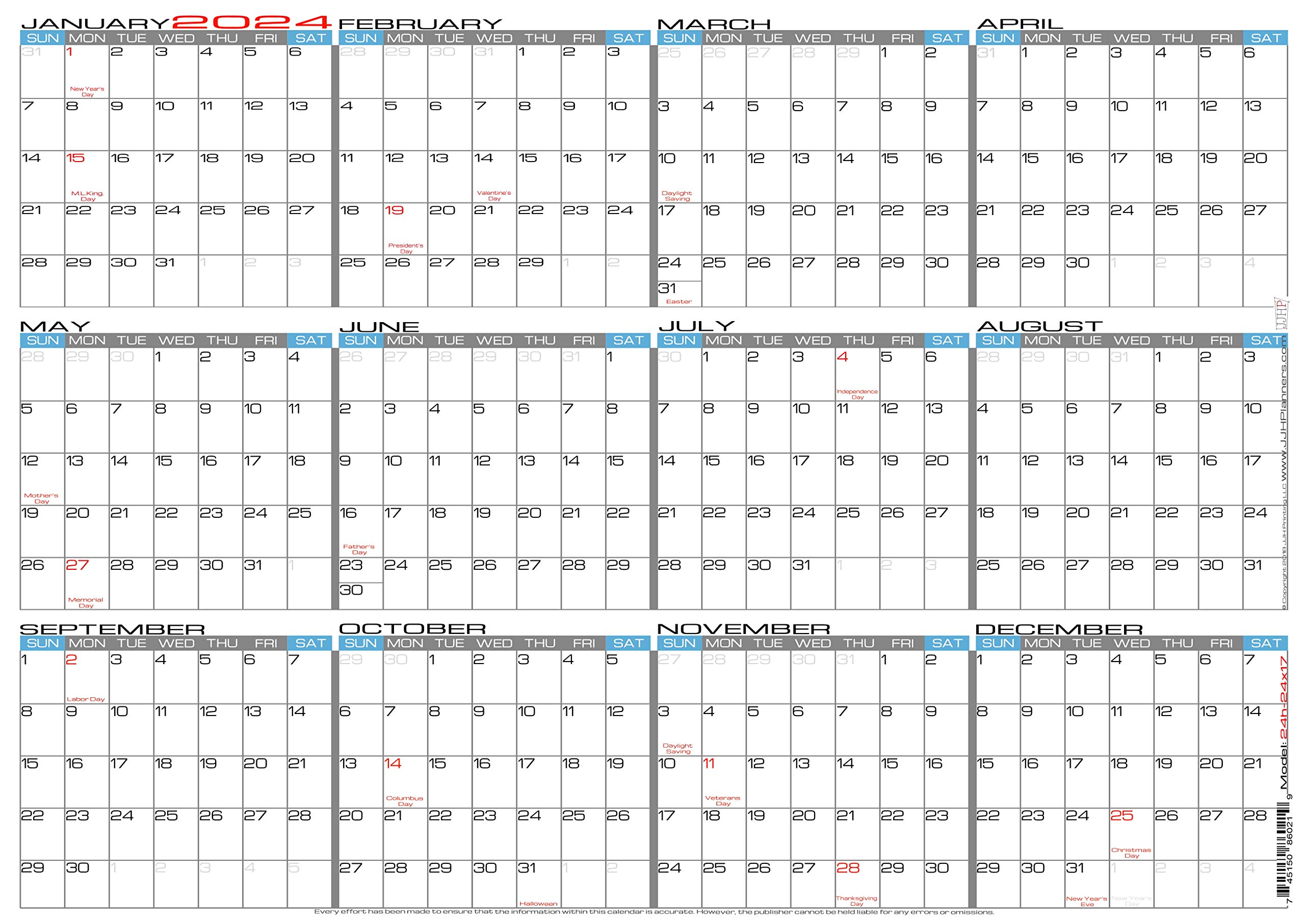 JJH Planners - Laminated - 24" X 17" Medium 2024 Erasable Wall Calendar - Horizontal 12 Month Yearly Annual Planner (24h-24x17)