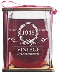 vintage 1948 limited edition - aged to perfection stemless wine glass and presentation packaging