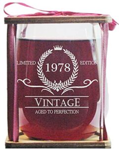 vintage 1978 limited edition - aged to perfection stemless wine glass and presentation packaging