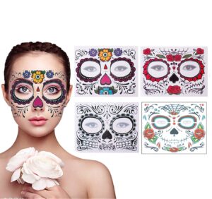 4 pack day of the dead sugar skull face temporary tattoo halloween makeup tattoo stickers for halloween masquerade party(floral, red roses,black and floral skeleton)