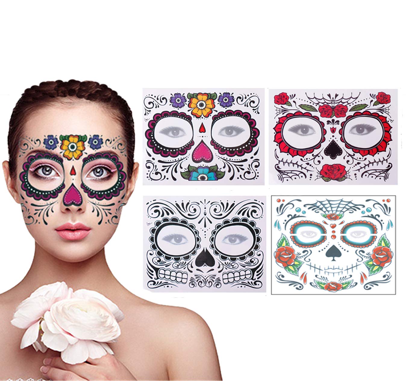 4 Pack Day of the Dead Sugar Skull Face Temporary Tattoo Halloween Makeup Tattoo Stickers for Halloween Masquerade Party(Floral, Red Roses,Black and Floral Skeleton)