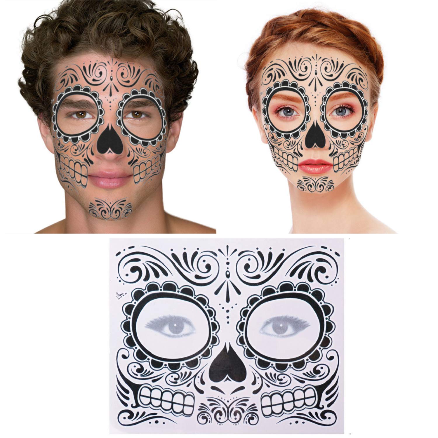 4 Pack Day of the Dead Sugar Skull Face Temporary Tattoo Halloween Makeup Tattoo Stickers for Halloween Masquerade Party(Floral, Red Roses,Black and Floral Skeleton)