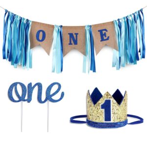 baby 1st birthday boy decorations with crown - baby boy first birthday decorations high chair banner - cake smash party supplies - happy birthday one burlap banner, no.1 gold and blue crown