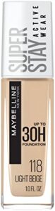 maybelline super stay full coverage liquid foundation active wear makeup, up to 30hr wear, transfer, sweat & water resistant, matte finish, light beige, 1 count