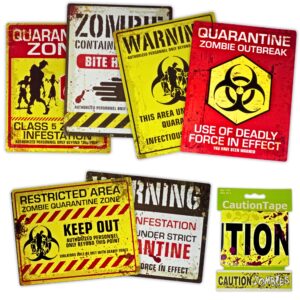 6 Warning Signs 11x14" with Caution Tape Roll 20 Feet - Halloween Zombie Party Decorations Halloween Indoor Outdoor Yard Signs Beware Danger Door Posters Haunted House Decor