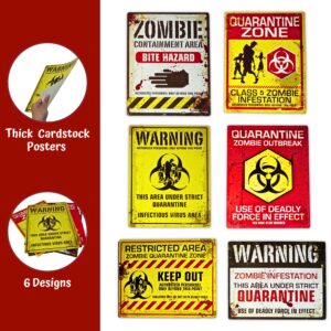 6 Warning Signs 11x14" with Caution Tape Roll 20 Feet - Halloween Zombie Party Decorations Halloween Indoor Outdoor Yard Signs Beware Danger Door Posters Haunted House Decor