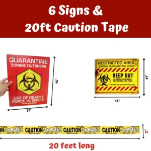 6 Warning Signs 11x14" with Caution Tape Roll 20 Feet - Halloween Zombie Party Decorations Halloween Indoor Outdoor Yard Signs Beware Danger Door Posters Haunted House Decor