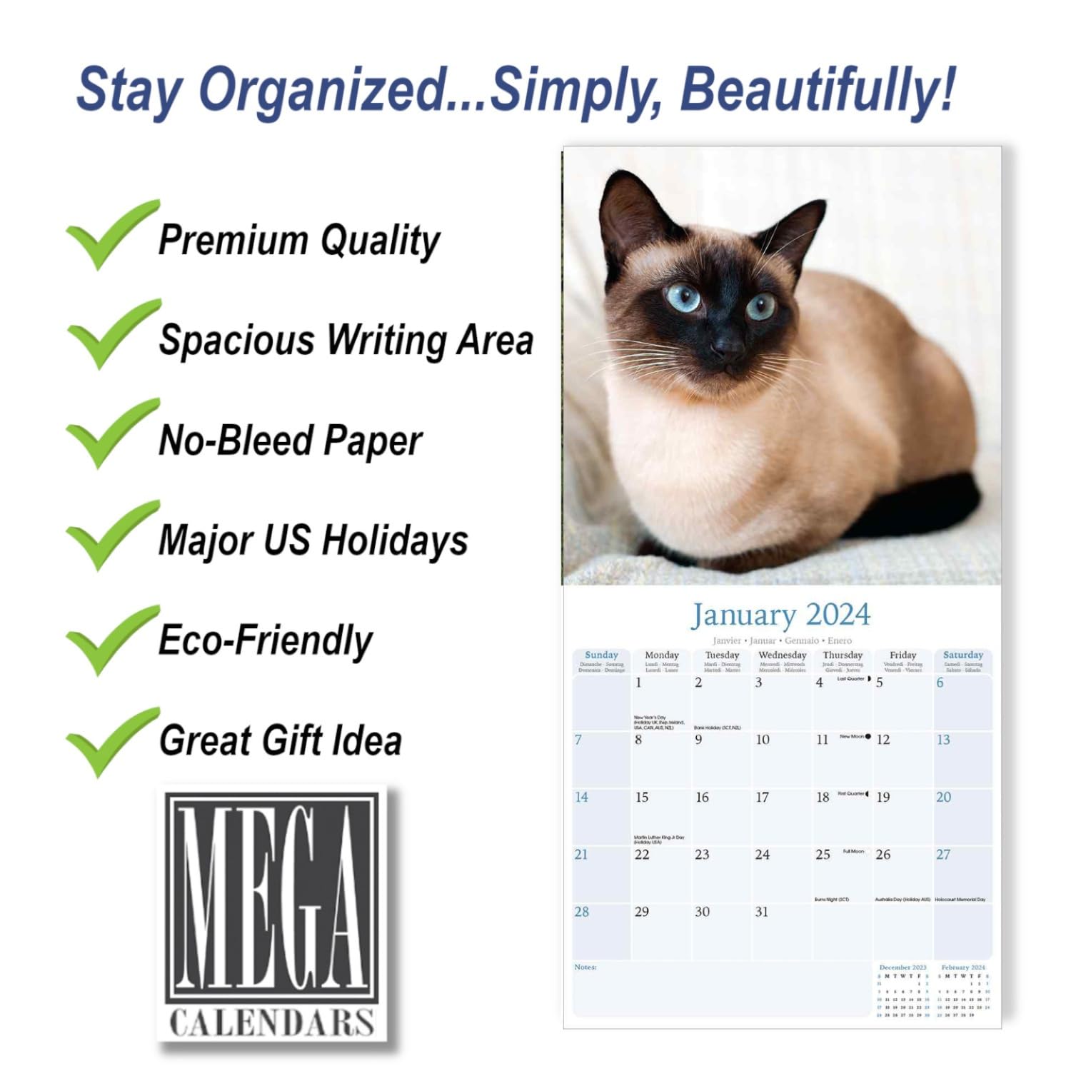 2023 2024 Siamese Cats Calendar - Cute Animal Monthly Wall Calendar - 12 x 24 Open - Thick No-Bleed Paper - Giftable - Academic Teacher's Planner Calendar Organizing & Planning