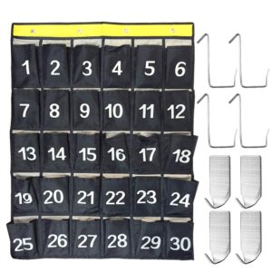 afunta 30 numbered pockets classroom calculator holder & cell phone pockets chart organizer hanging door and wall storage bag with 4 adhesive hooks / 4 door hooks - navy