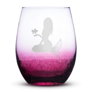 integrity bottles, mermaid design #5, (single) stemless wine glass, handmade, handblown, hand etched gifts, sand carved, 19oz (crackle raspberry)