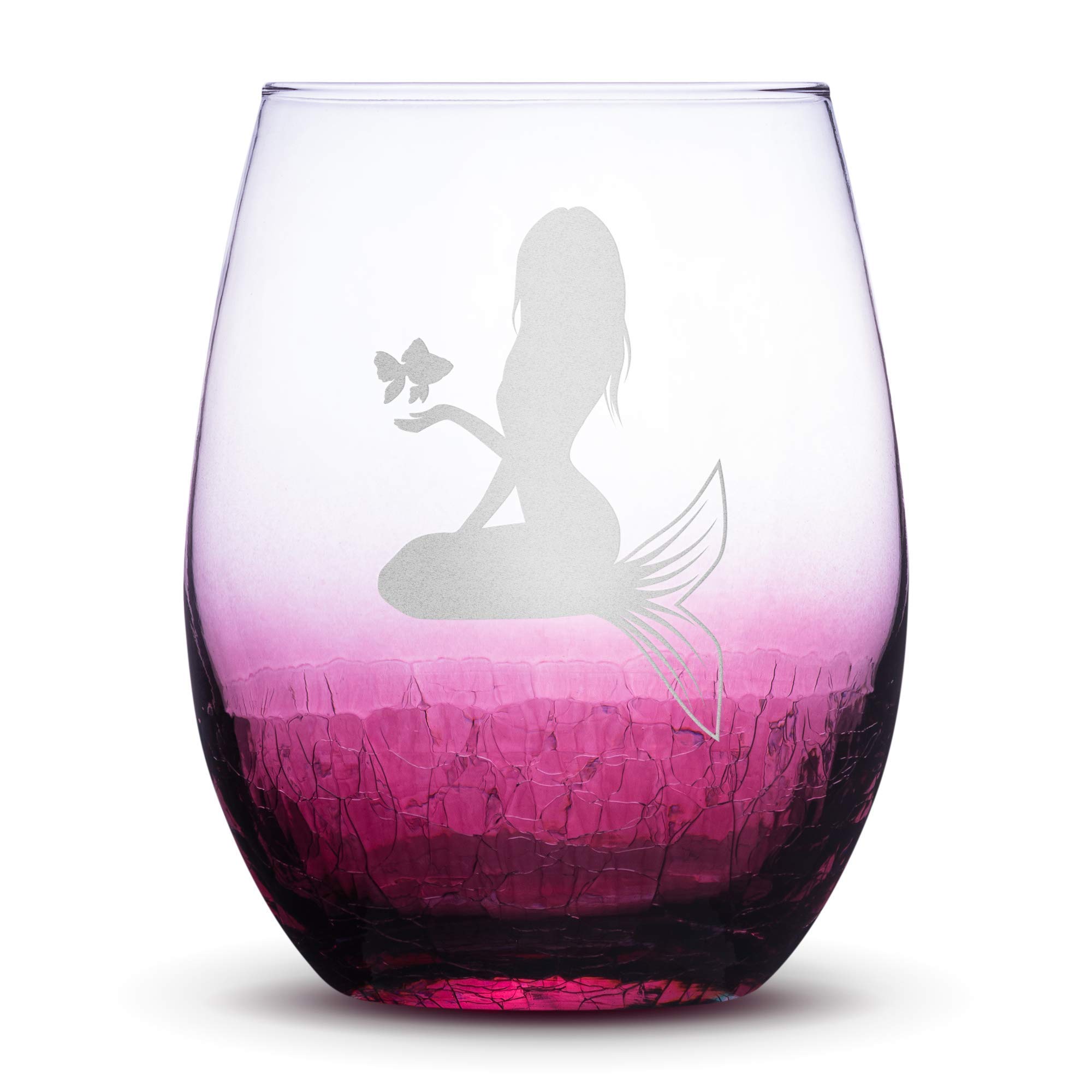 Integrity Bottles, Mermaid Design #5, (Single) Stemless Wine Glass, Handmade, Handblown, Hand Etched Gifts, Sand Carved, 19oz (Crackle Raspberry)