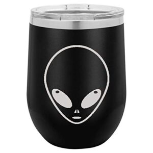 mip brand 12 oz double wall vacuum insulated stainless steel stemless wine tumbler glass coffee travel mug with lid alien head (black)