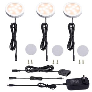aiboo 12v led under cabinet lighting kit 3 packs slim aluminum puck lights with 2-way switch all accessories included for counter closet lighting 6w (warm white)