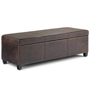 simplihome avalon 48 inch wide contemporary rectangle storage ottoman bench in distressed brown vegan faux leather, for the living room, entryway and family room