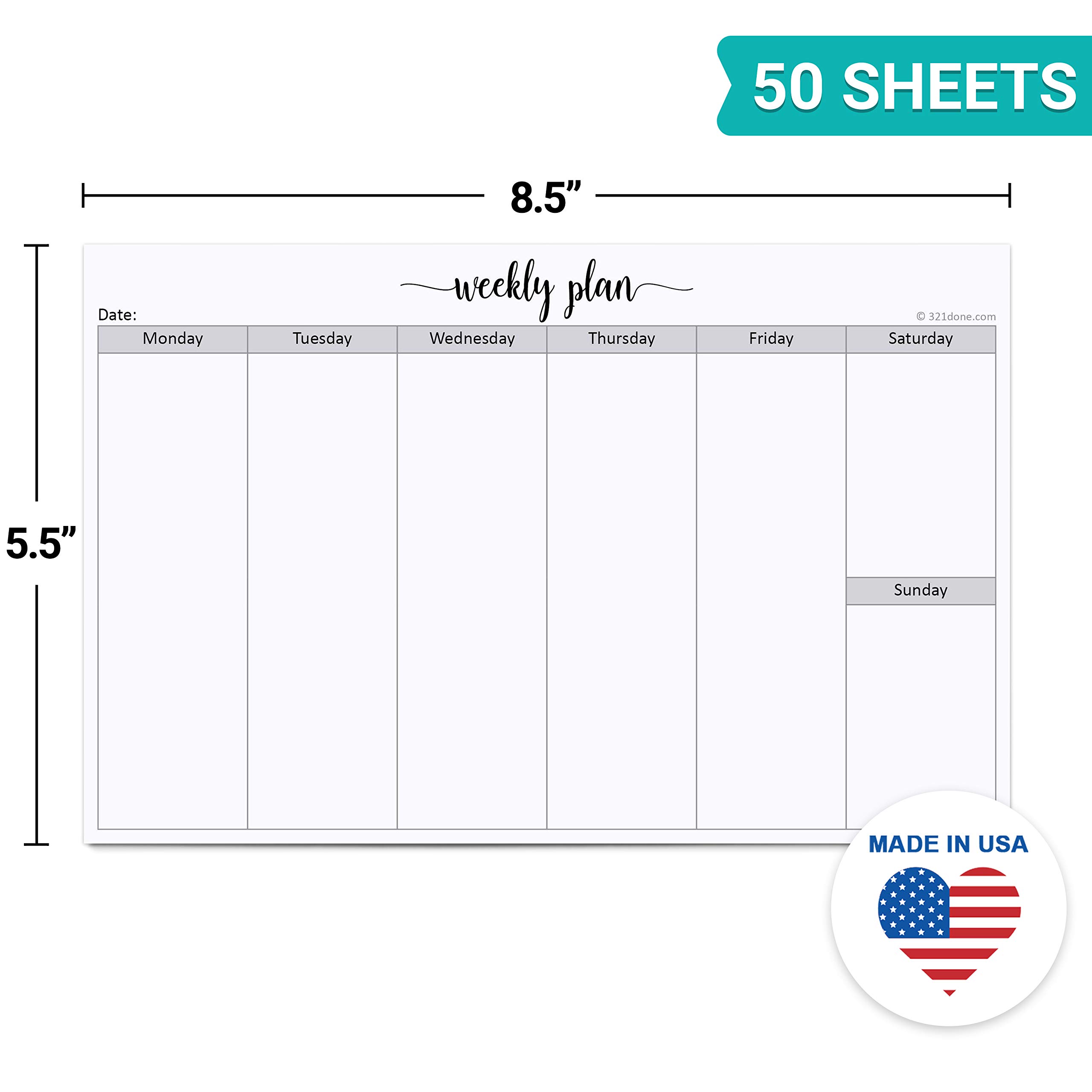 321Done Weekly Planning Notepad Landscape - 50 Sheets (8.5" x 5.5") - Horizontal Weekly Days of Week Paper Note Pad, Planner Organizing - Made in USA - Simple Script