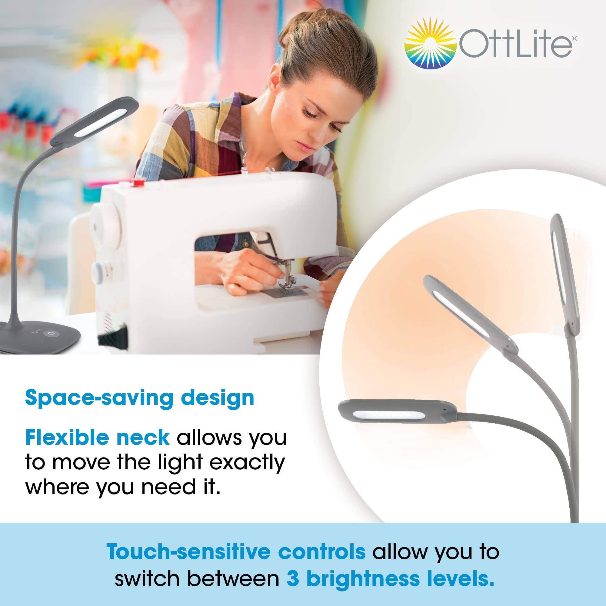 OttLite LED Soft Touch Desk Lamp - 3 Brightness Settings with Energy Efficient Natural Daylight LEDs - Adjustable Flexible Neck & Touch Controls for Tabletops, Home Office, Computer Desk, & Dorms