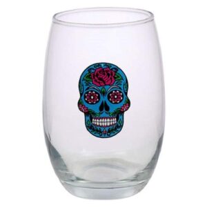 SET OF 3 Day of the Dead Stemless Skull Flower Wine Glasses, 15 oz glass Halloween Gasparilla