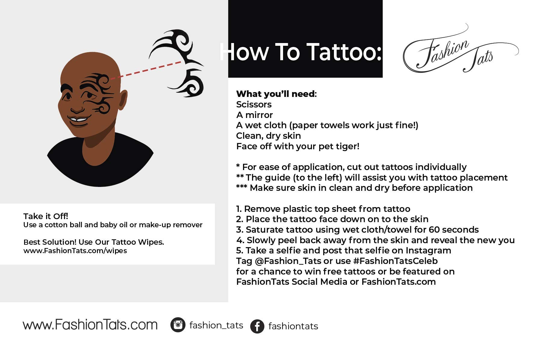 FashionTats Mike Tyson Tribal Design Temporary Tattoos (4-Pack) | Plus BONUS Tiger & Bachelor Tattoos | Skin Safe | MADE IN THE USA | Removable