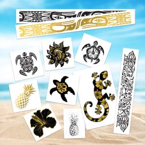 fashiontats polynesian pack temporary tattoos (pack of 11) | black & metallic gold | tribal turtle - hibiscus - gecko - tribal sun | skin safe | made in the usa | removable