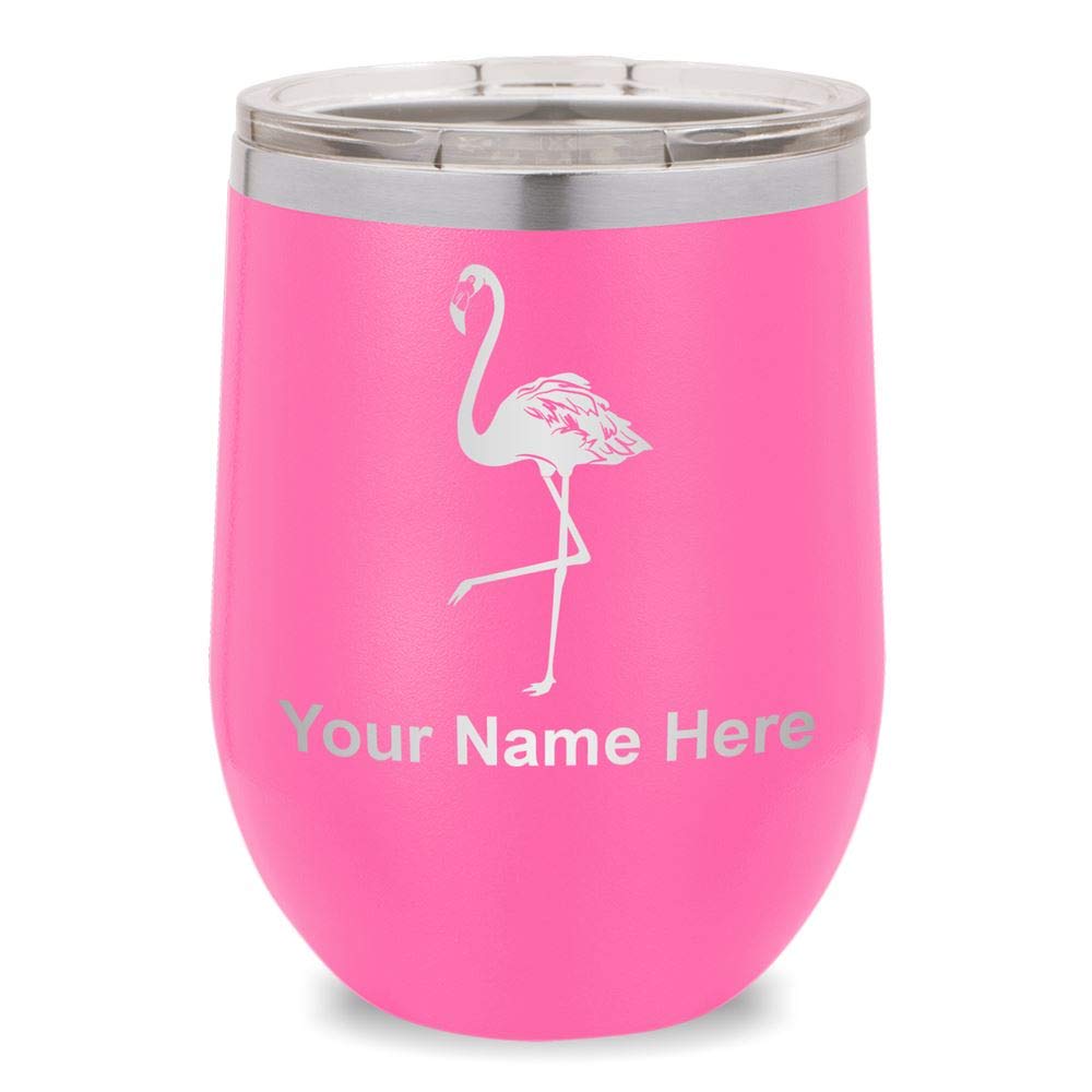 Wine Glass Tumbler, Flamingo, Personalized Engraving Included (Pink)