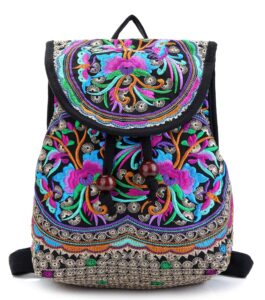 jursccu embroidery backpack purse for women vintage handbag small drawstring casual travel shoulder bag daypack