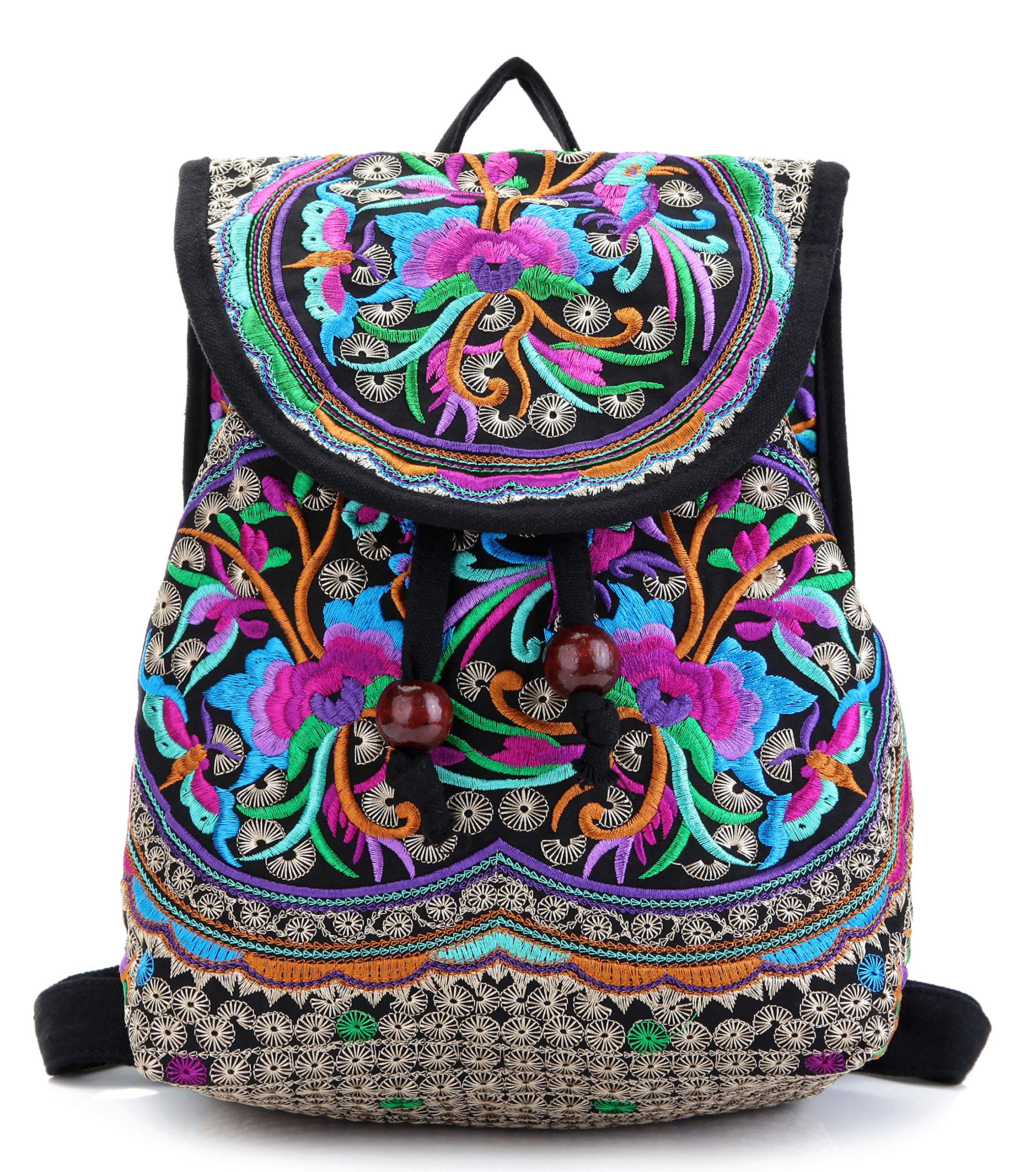 Jursccu Embroidery Backpack Purse for Women Vintage Handbag Small Drawstring Casual Travel Shoulder Bag Daypack