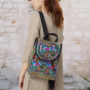 Jursccu Embroidery Backpack Purse for Women Vintage Handbag Small Drawstring Casual Travel Shoulder Bag Daypack