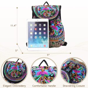 Jursccu Embroidery Backpack Purse for Women Vintage Handbag Small Drawstring Casual Travel Shoulder Bag Daypack