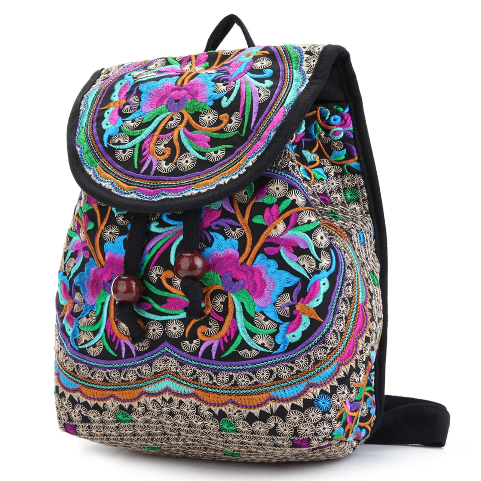 Jursccu Embroidery Backpack Purse for Women Vintage Handbag Small Drawstring Casual Travel Shoulder Bag Daypack