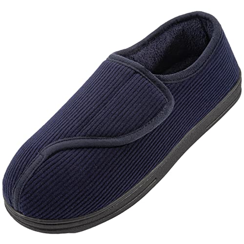 LongBay Men's Memory Foam Diabetic Slippers Comfy Warm Plush Fleece Arthritis Edema Swollen House Shoes (12, Navy Blue)