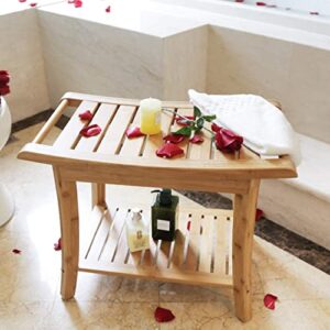 Zhuoyue Bamboo Spa Bath Shower Stool & Bench with Storage Shelf, Shower Bath Seats for Adults Seniors Women Elderly Tileable