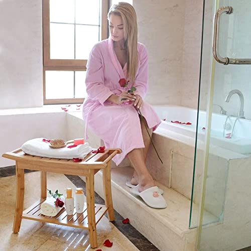 Zhuoyue Bamboo Spa Bath Shower Stool & Bench with Storage Shelf, Shower Bath Seats for Adults Seniors Women Elderly Tileable
