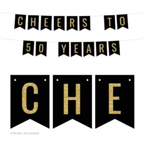 andaz press faux gold glitter on black birthday party banner decorations, cheers to 50 years, approx 5-feet, 1-set, 50th birthday milestone colored hanging pennant decor